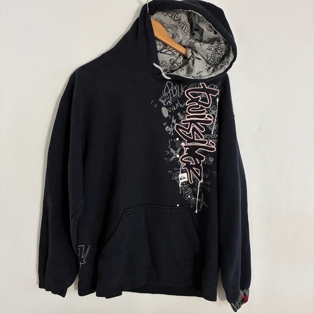 Vintage Quiksilver Hoodie Men's L Black Logo Pullover Skater Street Grunge Y2K